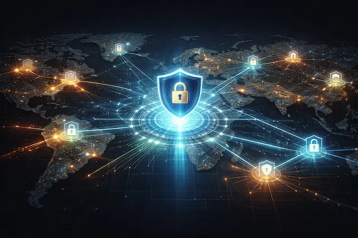 Mapa-múndi digital mostrando redes distribuídas de trabalho remoto conectadas e protegidas por múltiplos escudos de cadeados virtuais brilhantes.