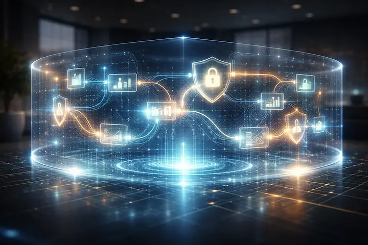 Fluxograma digital circular com cadeados de segurança protegendo ativos e métricas de marketing digital.