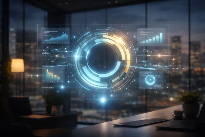 Interface HUD digital futurista flutuando sobre mesa de escritório à noite, exibindo gráficos de performance de dados e um anel central brilhante, representando tendências de UX Design para 2026 e ROI para negócios online.