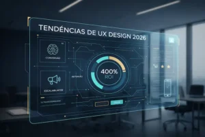 Interface tecnológica de UX Design para 2026 exibindo métricas de 400% de ROI e performance para negócios online.