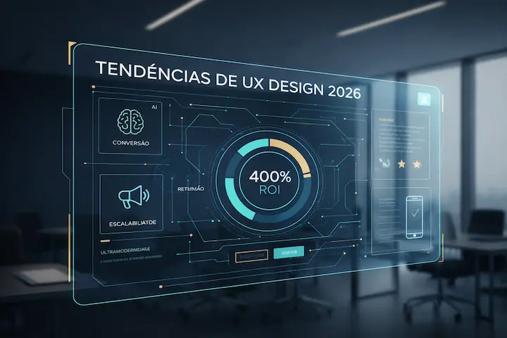 Interface tecnológica de UX Design para 2026 exibindo métricas de 400% de ROI e performance para negócios online.