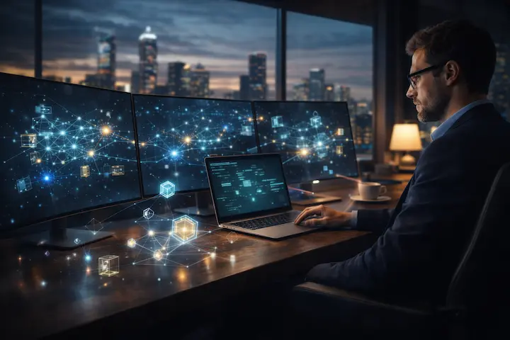 Profissional analisando rede blockchain com tokens digitais, representando tokenização de ativos digitais em ambiente tecnológico.