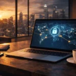 Fotografia conceitual de um laptop aberto com um mapa múndi e ícone de cadeado digital brilhante na tela, ilustrando um guia de VPN e criptografia para empreendedores remotos no pôr do sol.