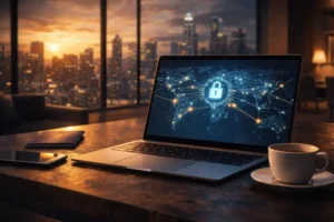 Fotografia conceitual de um laptop aberto com um mapa múndi e ícone de cadeado digital brilhante na tela, ilustrando um guia de VPN e criptografia para empreendedores remotos no pôr do sol.