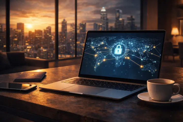 Fotografia conceitual de um laptop aberto com um mapa múndi e ícone de cadeado digital brilhante na tela, ilustrando um guia de VPN e criptografia para empreendedores remotos no pôr do sol.