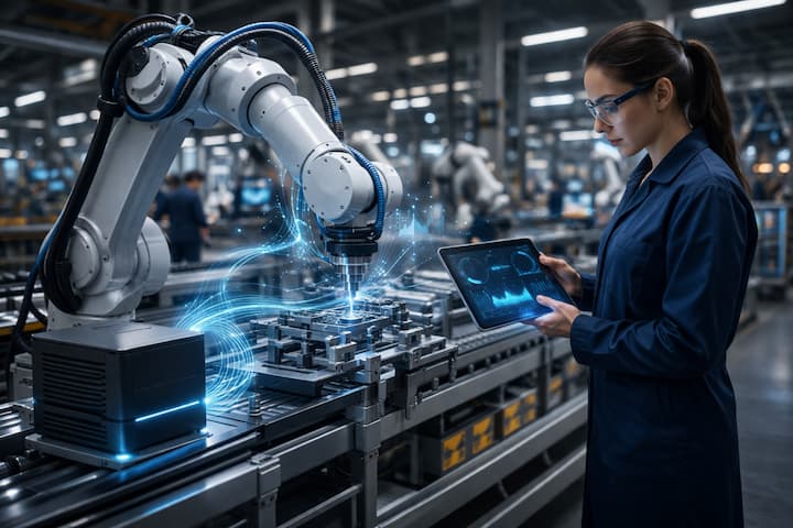 Ambiente industrial com robô, tablet e fluxos digitais representando aplicações práticas de edge computing.