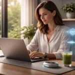 Mulher em home office otimizado praticando biohacking para produtividade e aumentar o foco no trabalho remoto.