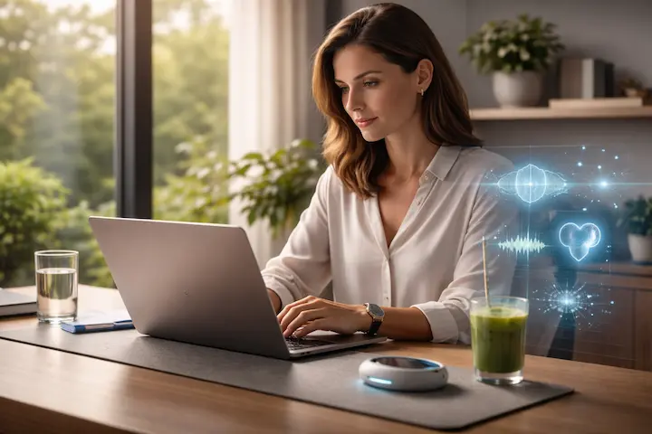 Mulher em home office otimizado praticando biohacking para produtividade e aumentar o foco no trabalho remoto.