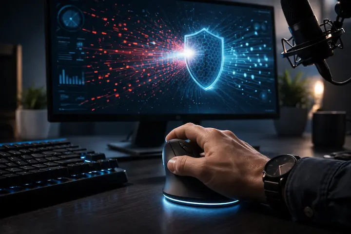 Mão operando mouse vertical premium em frente a um monitor que exibe um escudo digital neon e protocolos de segurança de dados.