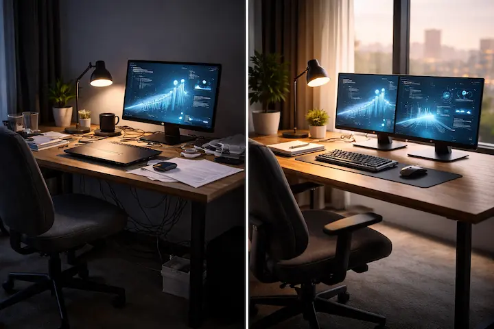 Comparação entre setup home office improvisado e setup planejado em ambiente de trabalho remoto.