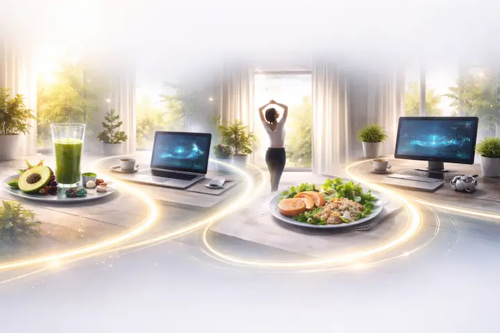 Infográfico de rotina diária ideal utilizando protocolos de biohacking para produtividade.