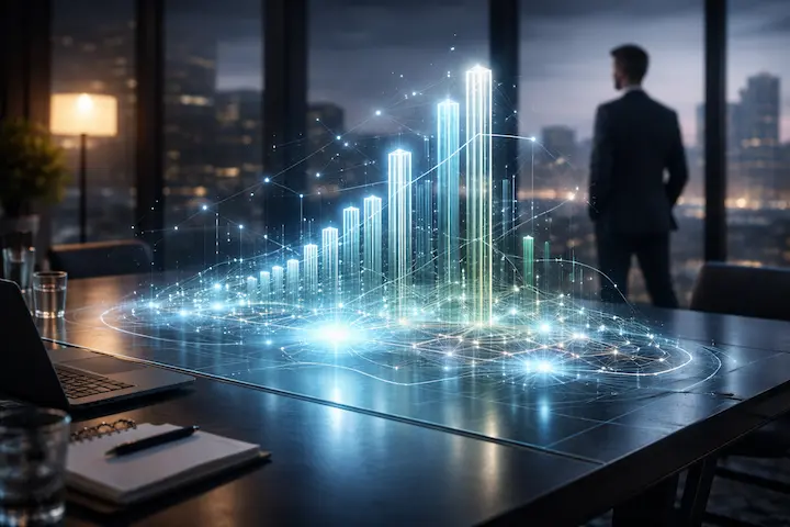Gráficos digitais abstratos representando dados e tendências sobre edge computing.