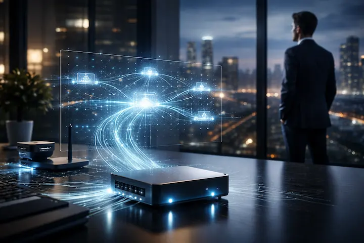 Empresário analisando dashboard de Edge Computing para negócios digitais em 2026.