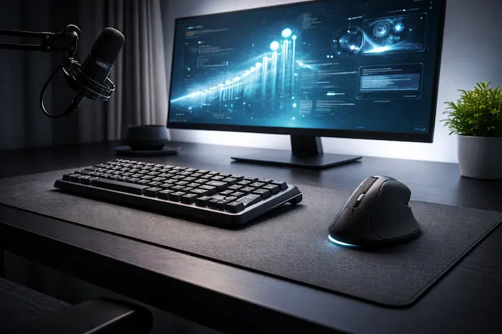 Detalhe de mouse vertical ergonômico, teclado mecânico premium e microfone de estúdio em mesa de trabalho escura e clean.