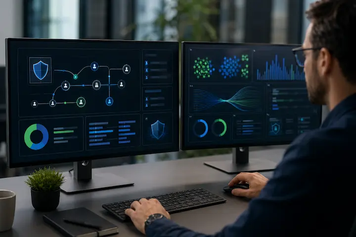 Profissional monitorando painéis digitais com fluxos de dados, clusters de usuários e indicadores de segurança.