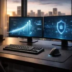 Escritório moderno com dois monitores exibindo gráficos de crescimento e um escudo de proteção digital, representando governança de dados para infoprodutores.