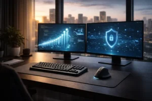 Escritório moderno com dois monitores exibindo gráficos de crescimento e um escudo de proteção digital, representando governança de dados para infoprodutores.