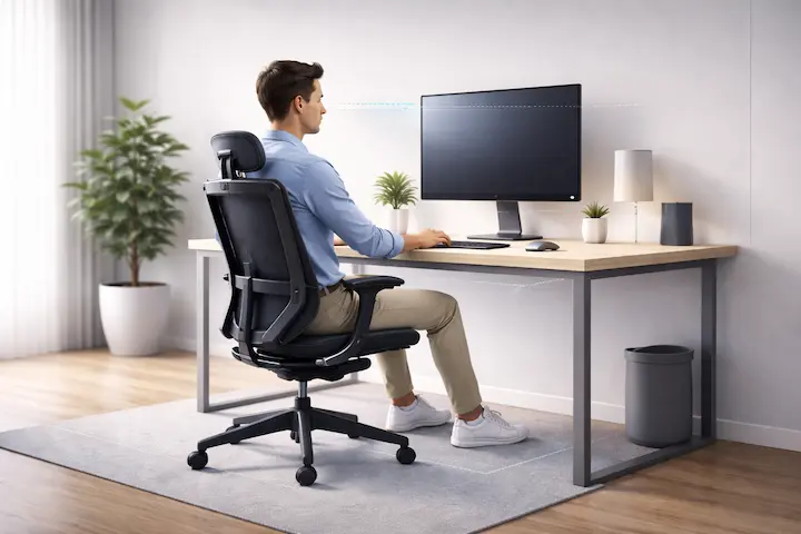 Homem sentado em cadeira ergonômica com marcações de ângulos corretos para braços, pernas e altura dos olhos em relação ao monitor.