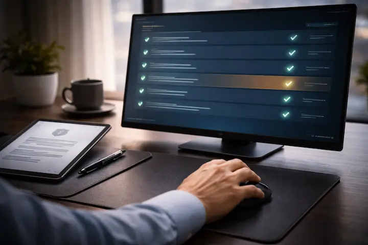 Tela de computador com diversos itens de conformidade marcados com check verdes e tablet ao lado com documento de política de privacidade.