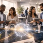 Comunidade digital de alta retenção mostrando pessoas conectadas em um ambiente de coworking moderno.