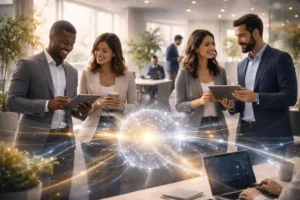 Pessoas interagindo em uma comunidade digital colaborativa em ambiente de trabalho moderno, representando o marketing de comunidades.