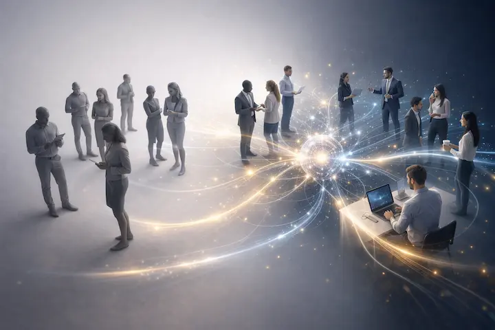 Pessoas conectadas em uma comunidade online participando de discussões e interações digitais.