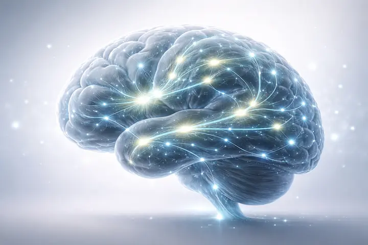 Representação visual de neuroplasticidade e otimização cerebral através do biohacking.