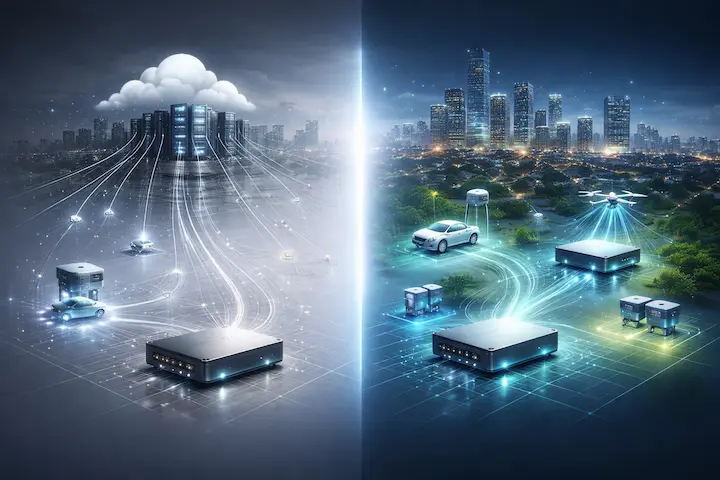 Comparação visual entre cloud computing e edge computing com dispositivos conectados.
