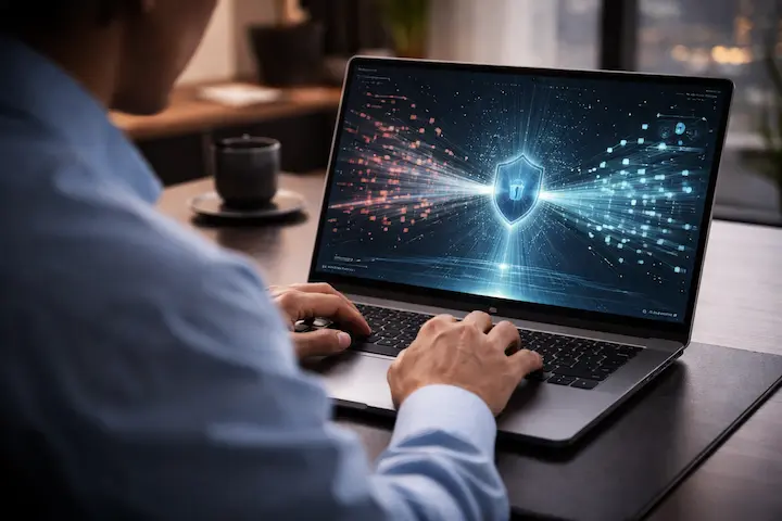 Close-up de profissional utilizando notebook que exibe fluxos de dados sendo organizados e protegidos por um escudo central.