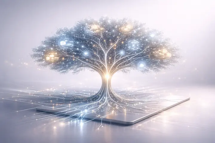 Diagrama em formato de árvore digital mostrando a conexão entre diversos ativos que compõem o patrimônio online.