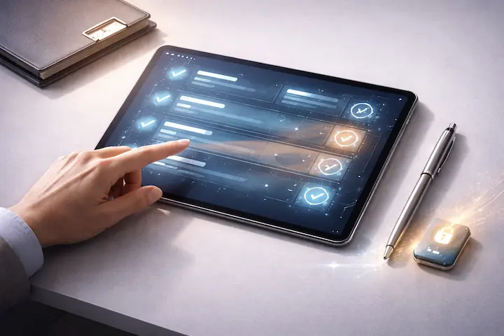 Tablet com lista de verificação para criação de um plano de sucessão de ativos digitais.
