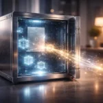 Cofre digital holográfico aberto exibindo documentos e ativos, simbolizando a proteção da herança de ativos digitais em ambiente seguro.