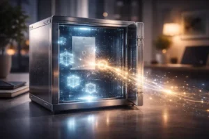 Cofre digital holográfico aberto exibindo documentos e ativos, simbolizando a proteção da herança de ativos digitais em ambiente seguro.