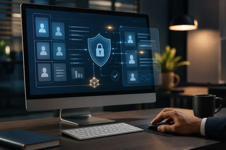 Monitor exibindo interface de proteção de dados com escudo, perfis de usuários e indicadores de conformidade LGPD.