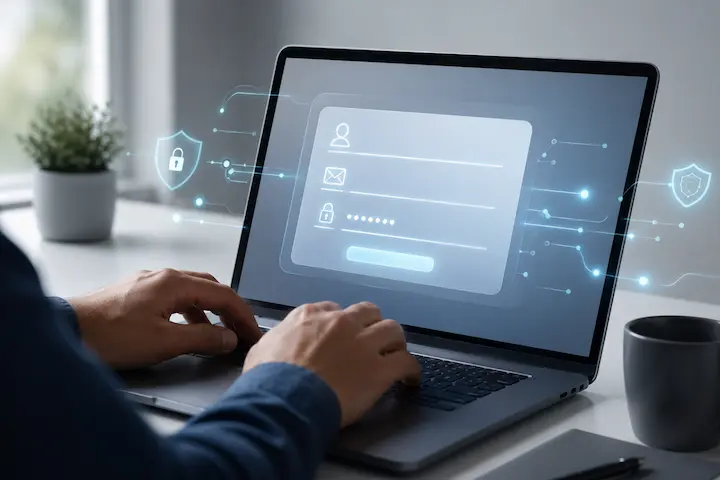 Profissional usando laptop com formulário digital protegido por ícones de segurança e conexões criptografadas.