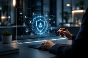 Interface digital com escudo de segurança protegendo dados de usuários em estratégia de proteção de leads.