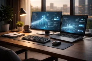 Setup home office profissional com monitor, notebook, teclado, mouse e mesa organizada.