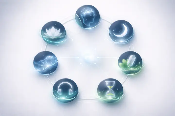 Ícones estratégicos de técnicas de biohacking para alta performance e saúde mental.