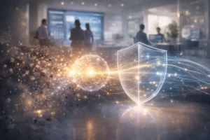 Escudo digital protegendo dados de conversão em uma estratégia de tráfego pago e privacidade sem cookies.