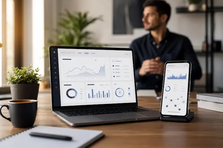 Notebook e smartphone exibindo dashboards analíticos relacionados à presença digital profissional.