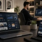 Notebook e smartphone exibindo interfaces analíticas relacionadas ao branding pessoal nas redes sociais.
