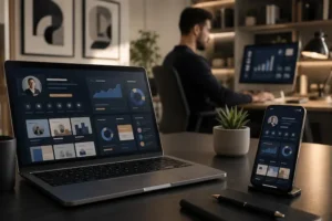 Notebook e smartphone exibindo interfaces analíticas relacionadas ao branding pessoal nas redes sociais.