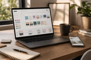 Planejamento de calendário editorial para redes sociais em ambiente de trabalho digital organizado