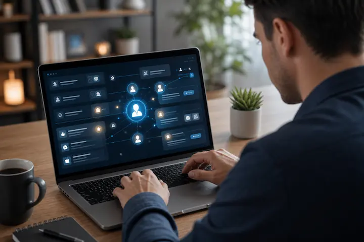 Interface digital com rede de conexões e perfis profissionais indicando canais e oportunidades para serviços digitais.
