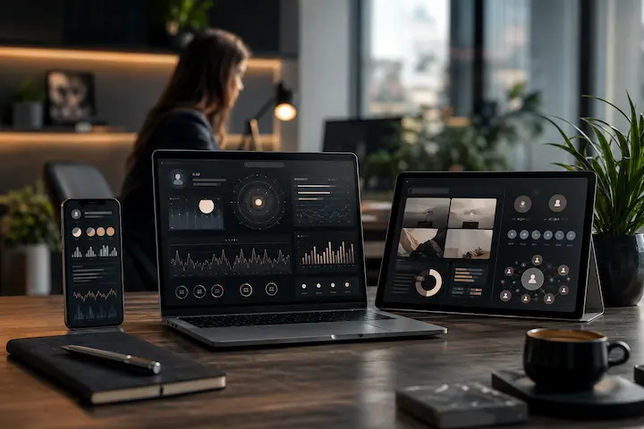 Notebook, tablet e smartphone exibindo dashboards relacionados ao branding pessoal nas redes sociais.