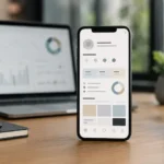 Smartphone exibindo interface genérica de bio profissional para redes sociais ao lado de painel analítico digital.