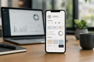 Smartphone exibindo interface genérica de bio profissional para redes sociais ao lado de painel analítico digital.
