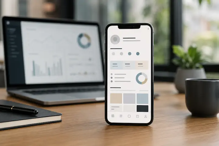 Smartphone exibindo interface genérica de bio profissional para redes sociais ao lado de painel analítico digital.