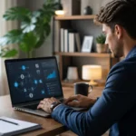 Profissional analisando renda extra com serviços digitais em notebook com interface de gestão e organização de atividades