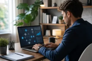 Profissional analisando renda extra com serviços digitais em notebook com interface de gestão e organização de atividades
